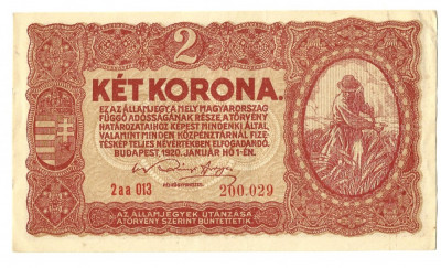 BANCNOTA UNGARIA 2 KOROANE 1920 STARE FOARTE BUNA VARIANTA FARA STEA. foto