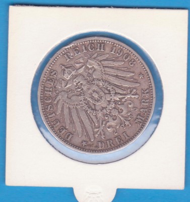 MONEDA DIN ARGINT GERMANIA - 3 MARK 1911, LIT. G - BADEN - FRIEDRICH II-MAI RARA foto
