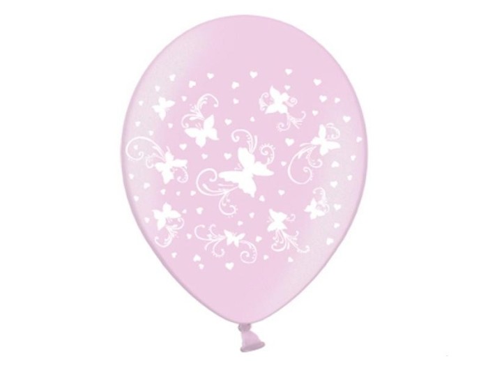 Baloane roz cu fluturi albi, 30 cm, 5buc/set Baloane roz cu fluturi albi, 30 cm, 5buc/set