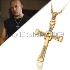 Lant si pandantiv placat aur 18k ca a lui Vin Diesel cruce cruciulita barbati foto