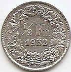 Elvetia 1/2 Franc 1952 Argint 2.5g/0.835 KM-23 (2) foto