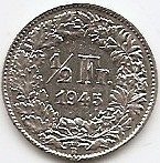 Elvetia 1/2 Franc 1945 Argint 2.5g/0.835 KM-23 foto