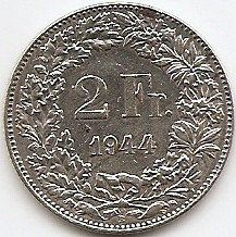 Elvetia 2 Franci 1944 Argint 10g/0.835 KM-21 foto
