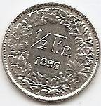 Elvetia 1/2 Franc 1959 Argint 2.5g/0.835 KM-23 foto