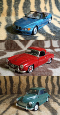 BMW Z3 Roadster + Mercedes Benz 190 SL Roadster Coupe + Morris Minor Saloon 1/18 foto