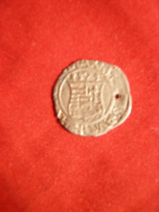 Moneda Medievala -Denar argint Ungaria 1577 , gaurit ,d.= 1,5 cm foto