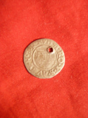 Moneda Medievala -Denar argint Ungaria 1593 , gaurit ,d.= 1,5 cm foto