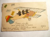 Ilustrata - Caricatura -Avion cu Pisici ,semnat Geo ,circ.1946 ,color Ed. D&#039;Art, Circulata