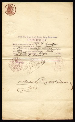 1913 Romania, Act fiscal marca fixa 2 Lei timbru sec, Curtea de Apel Bucuresti foto