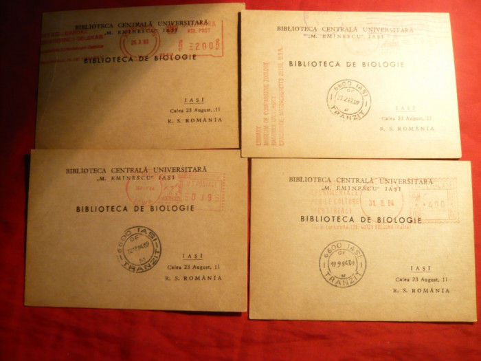 6 Carti Postale ,francatura mecanica rosie Danemarca ,Cehoslovacia ,SUA, Italia