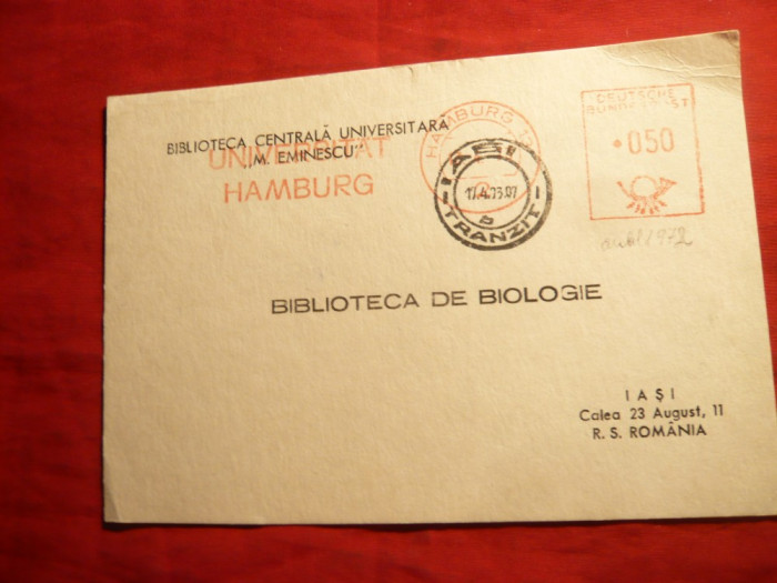 Carte Postala ,francatura mecanica rosie germana ,stamp. Universitate Hamburg&#039;72