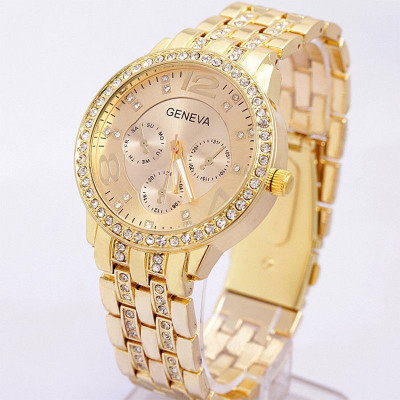 Ceas dama Geneva auriu gold curea metalica cristale foto