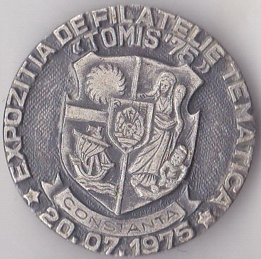 Insigna Expozitia de Filatelie Tematica , Constanta 20.07.1975 - Tomis &#039;75