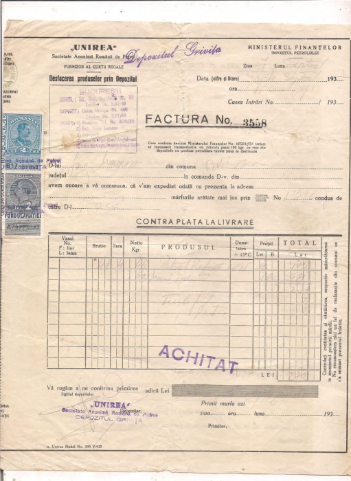 % factura cu antet -UNIREA anul 1937