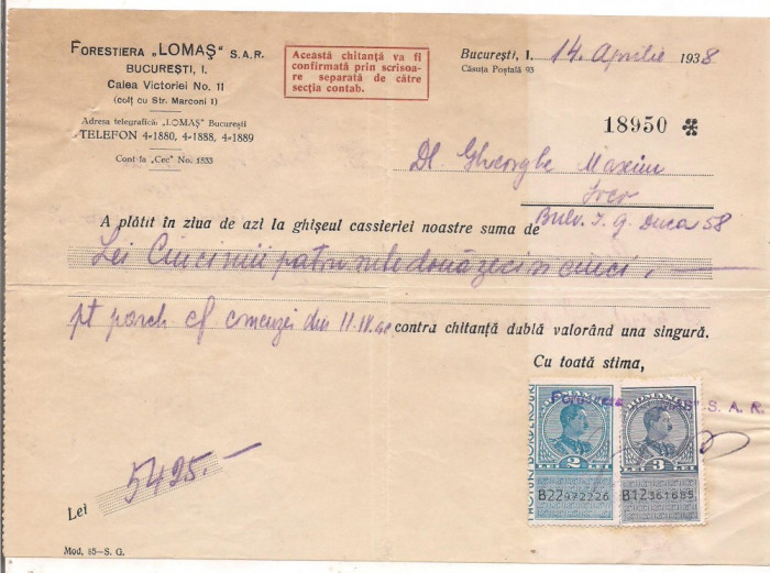 % chitanta cu antet -FORESTA LOMAS s.a.r. anul 1938