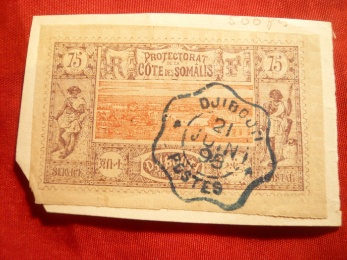75 Centi violet-brun si orange ,pe fragment 1894 Djibouti ,stampilat
