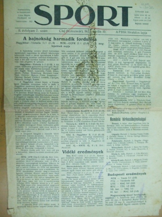 Sport Cluj Kolozsvar 1922 10 aprilie ziar sportiv limba maghiara