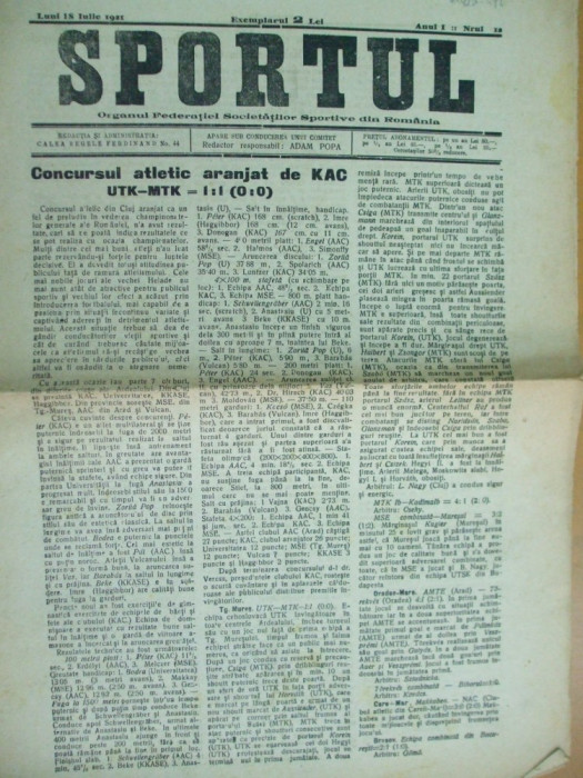 Sport Cluj Kolozsvar 1921 18 iulie ziar sportiv