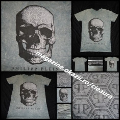 TRICOU BARBATESC GRI PRESPALAT GEN FIRMA PHILIPP PLEIN MANECA SCURTA CAP DE MORT foto