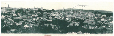 2821 - CERNAUTI, Bucovina, Panorama, Synagogue - Double old postcard - used foto