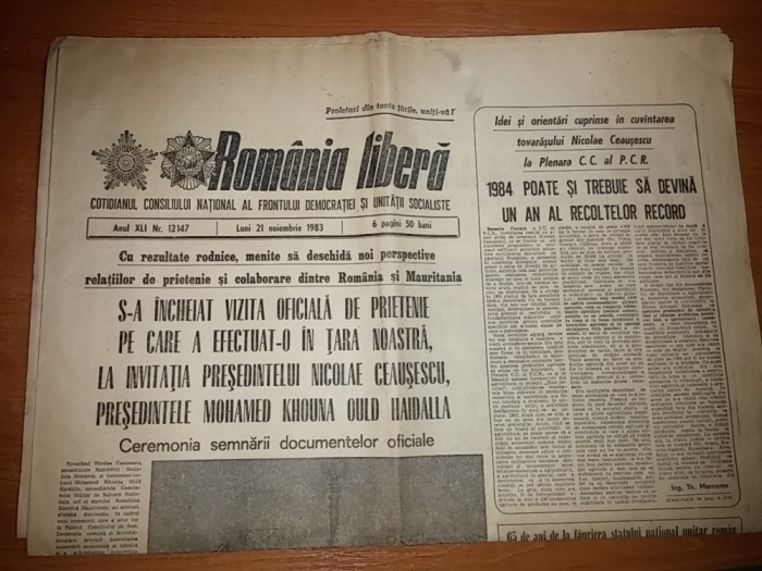 ziarul romania libera 21 noiembrie 1983(vizita in tara presedintelui mauritania)