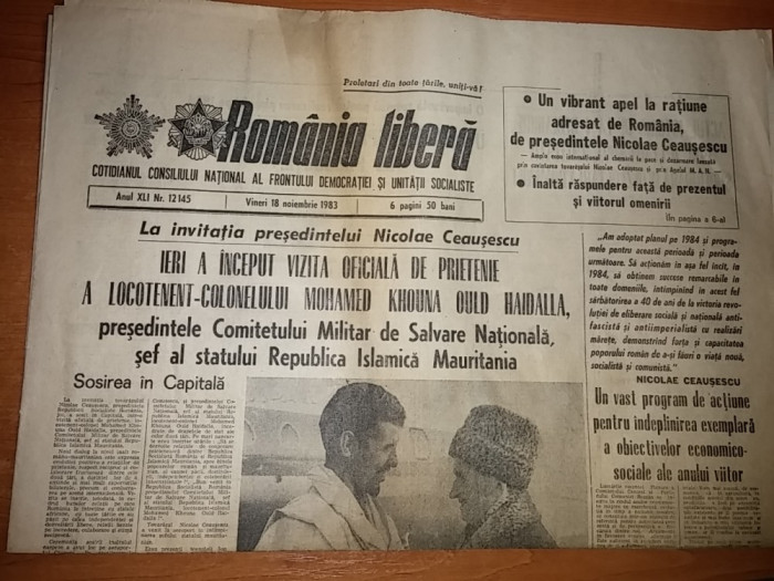 ziarul romania libera 18 noiembrie 1983 (vizita preseditelui R.I. mauritania )