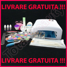 Kit unghii false cu lampa UV si geluri constructie accesorii nail-art 15 pensule foto