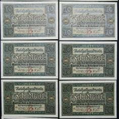 SV * Germania 10 MARK 1920 UNC PRET per BANCNOTA * SERII CONSECUTIVE