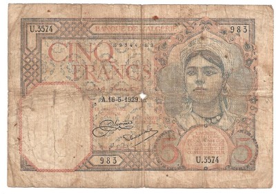 ALGERIA 5 FRANCI 1929 U foto