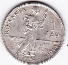 4) Carol I. 1 LEU 1914,argint,muchia dreapta,monetaria Bruxelles foto