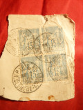 Bloc 4 val.x15 centi 1880 , circulat 1896 , pe fragment , cu defect la colt , Franta