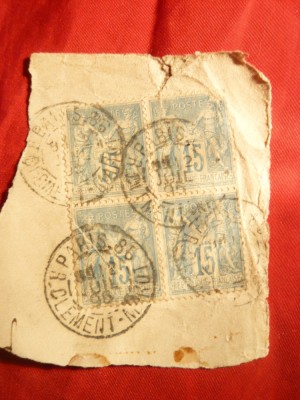 Bloc 4 val.x15 centi 1880 , circulat 1896 , pe fragment , cu defect la colt , Franta foto