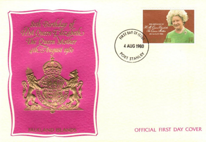 FALKLAND ISLANDS, 1980, FDC - Aniversarea a 80 de ani de viata a Reginei Mama Elisabeta, stare foarte buna