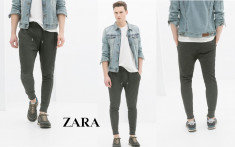 Zara Man Original - Pantaloni Barbati SLIM insertie piele la buzunare, &amp;quot;Gray Basic Trousers &amp;quot; Marime S OUTLET Arad. Produse NOI. REDUSE! foto