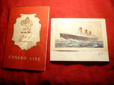 Mapa a pasagerului pe Nava Cunard Line RMS Queen Mary -Clasa I + Carte Postala cu nava + 3 coli de scrisoare cu Antet - 1960 foto