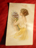 Ilustrata - Felicitare - Femeie cu flori , semnata , Her Ditz ,Ed.Gibson New York ,circulata 1947