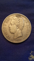 Moneda 5 PESETAS 1871 ,AMEDEO I REY DE ESPANA , moneda argint!!! foto