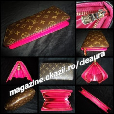 PORTOFEL tip AGENDA DAMA FUCSIA ROZ NEON FIRMA BRAND LOUIS VUITTON MONOGRAM IMPRIMEU CLASIC MONOGRAME BEJ FOND MARO 1 FERMOAR 10 COMPARTIMENTE foto