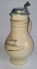 Carafa / halba ceramica de bere cu capac din zinc, frumos ornamentata cu motive florale partial aurite ( cu defect ) foto