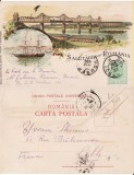 Constanta, Dobrogea - Litografie 1900-Podul de la Cernavoda, Bricul Mircea, Circulata, Printata