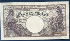ROMANIA 2000 2.000 LEI 1 septembrie 1943 [3] filigram BNR in scut, putin rupta pe marginea alba foto