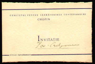 1949 Invitatie Concert simfonic festiv Centenarul Chopin cu autograf dirijor foto