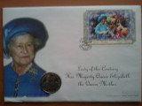 FDC Medalie Anglia Lady of the Century Her Majesty Queen Elizabeth the Queen Mother,plic mare necirculat,16 cm x 23 cm,100 roni, taxe postale gratuite