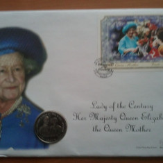 FDC Medalie Anglia Lady of the Century Her Majesty Queen Elizabeth the Queen Mother,plic mare necirculat,16 cm x 23 cm,100 roni, taxe postale gratuite