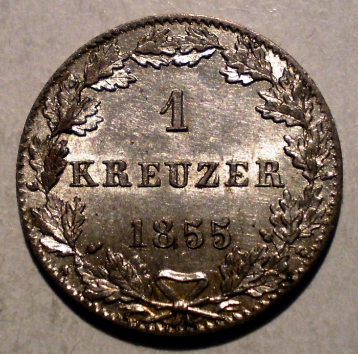 C.346 GERMANIA FRANKFURT 1 KREUZER 1855 AUNC ARGINT