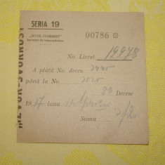 Tichet plata cotizatie Societatea de inmormantare " SVORNOST " - 1917