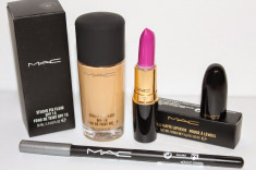 Pachet MAC : Fond de ten Studio Fix Fluid + Ruj Satin Lipstick + CADOU Creion dermatograf negru foto