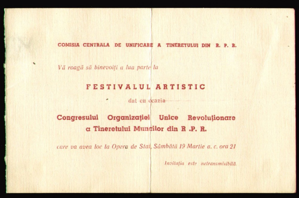 1949 Invitatie Congresul Organizatiei Unice Revolutionare a Tineretului  Muncitor | Okazii.ro