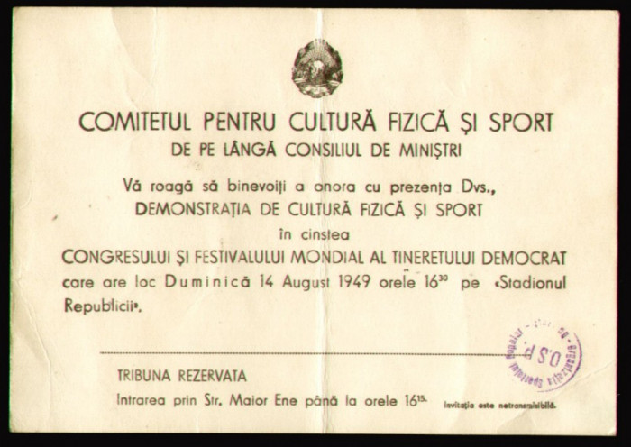 1949 Invitatie Demonstratie OSP, Festivalul Mondial al Tineretului Democrat