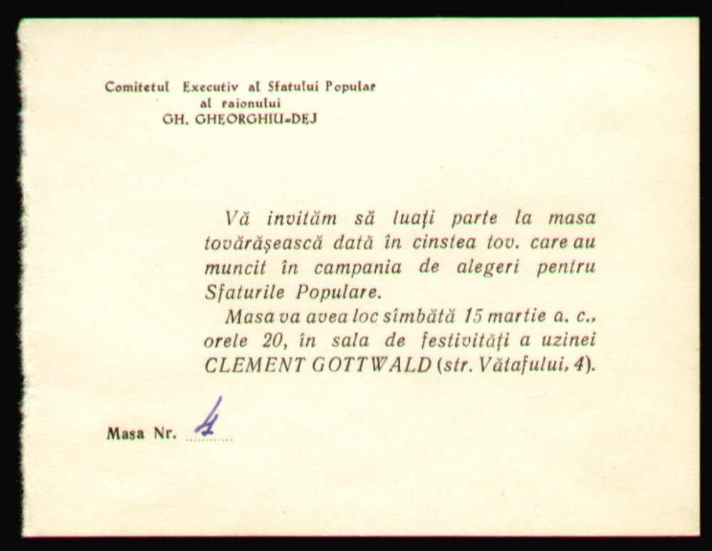 1958 Invitatie Masa tovaraseasca Raion Gheorghiu-Dej, Sfatul Popular  Bucuresti | Okazii.ro